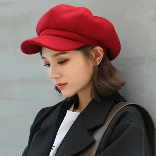 Adjustable Winter Beret for Women Solid Plain Octagonal Newsboy Cap