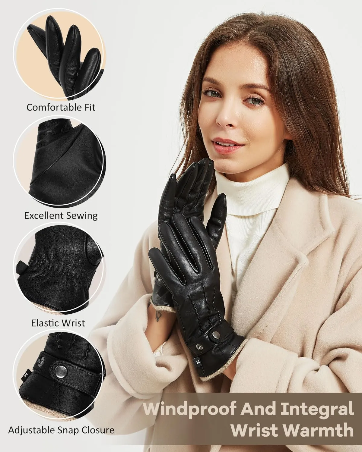 Aegend Sheepskin Genuine Leather Gloves for Women, Super Soft Warm Cashmere Lining Full Hand Touchscreen Anti-Slip Design Winter Gloves Thermal Gifts for Driving Riding Typing Outdoor Activit,Black,M