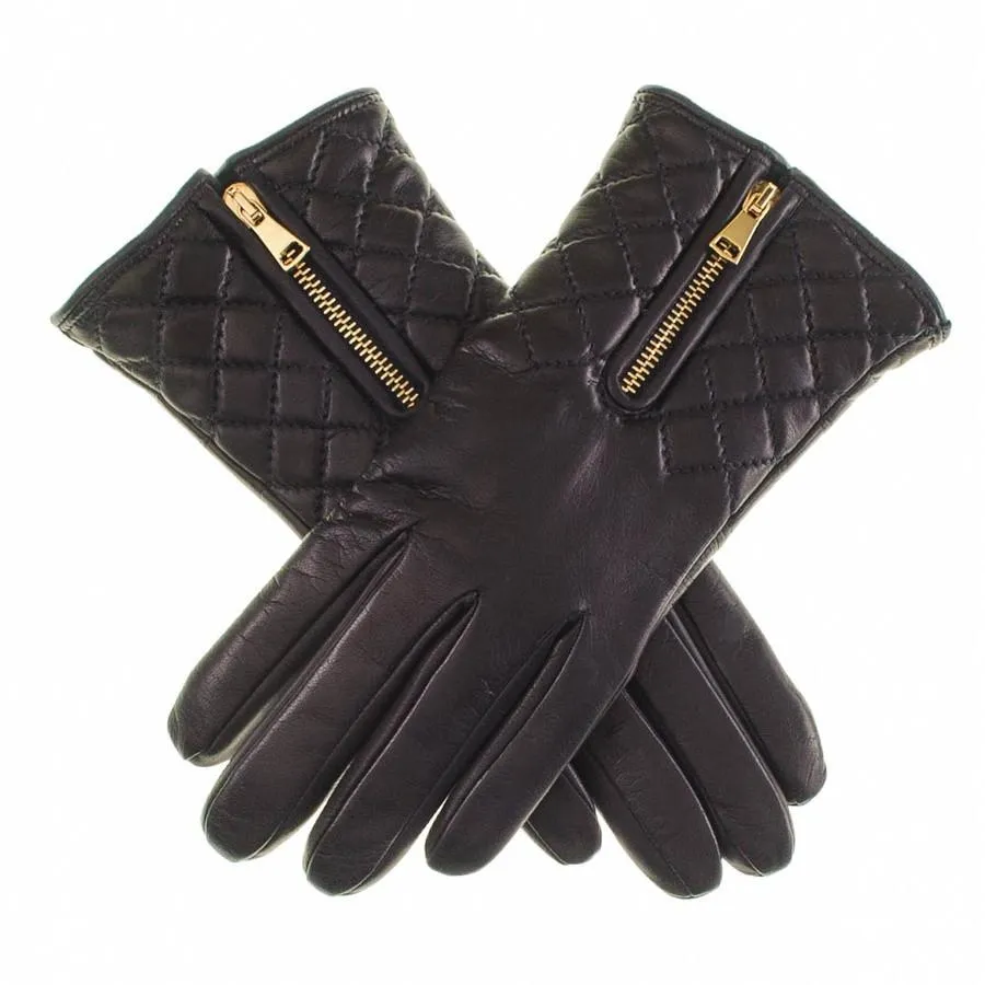 Black Leather Quilted Gloves with Cashmere Lining