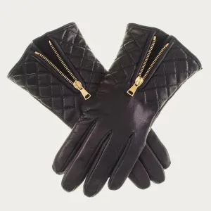 Black Leather Quilted Gloves with Cashmere Lining