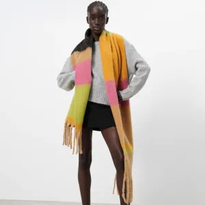 Bright Stripe Printed Brushed Narrow Fringe Scarf - Multicolor