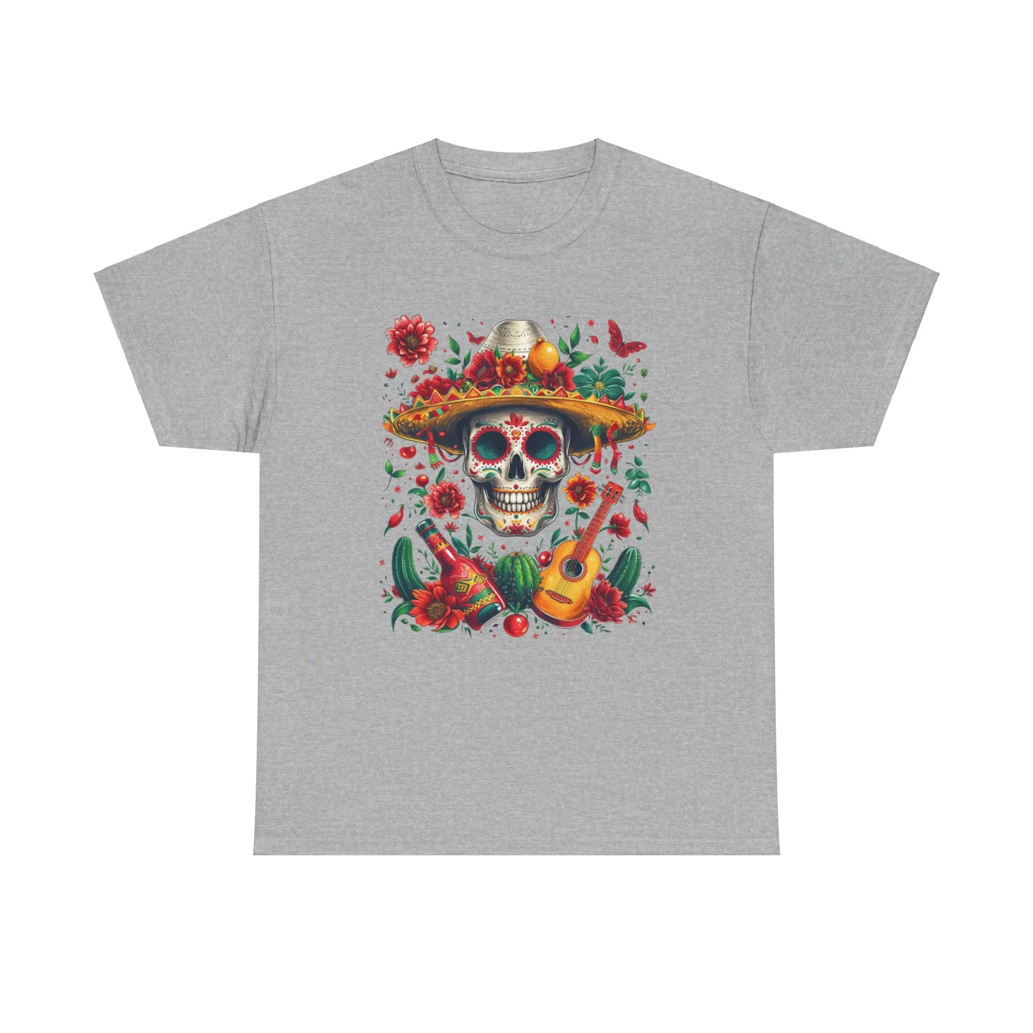 Celebrate Dia de los Muertos in Style with this Vibrant Skull and Sombrero Tee - Unique Statement Shirt