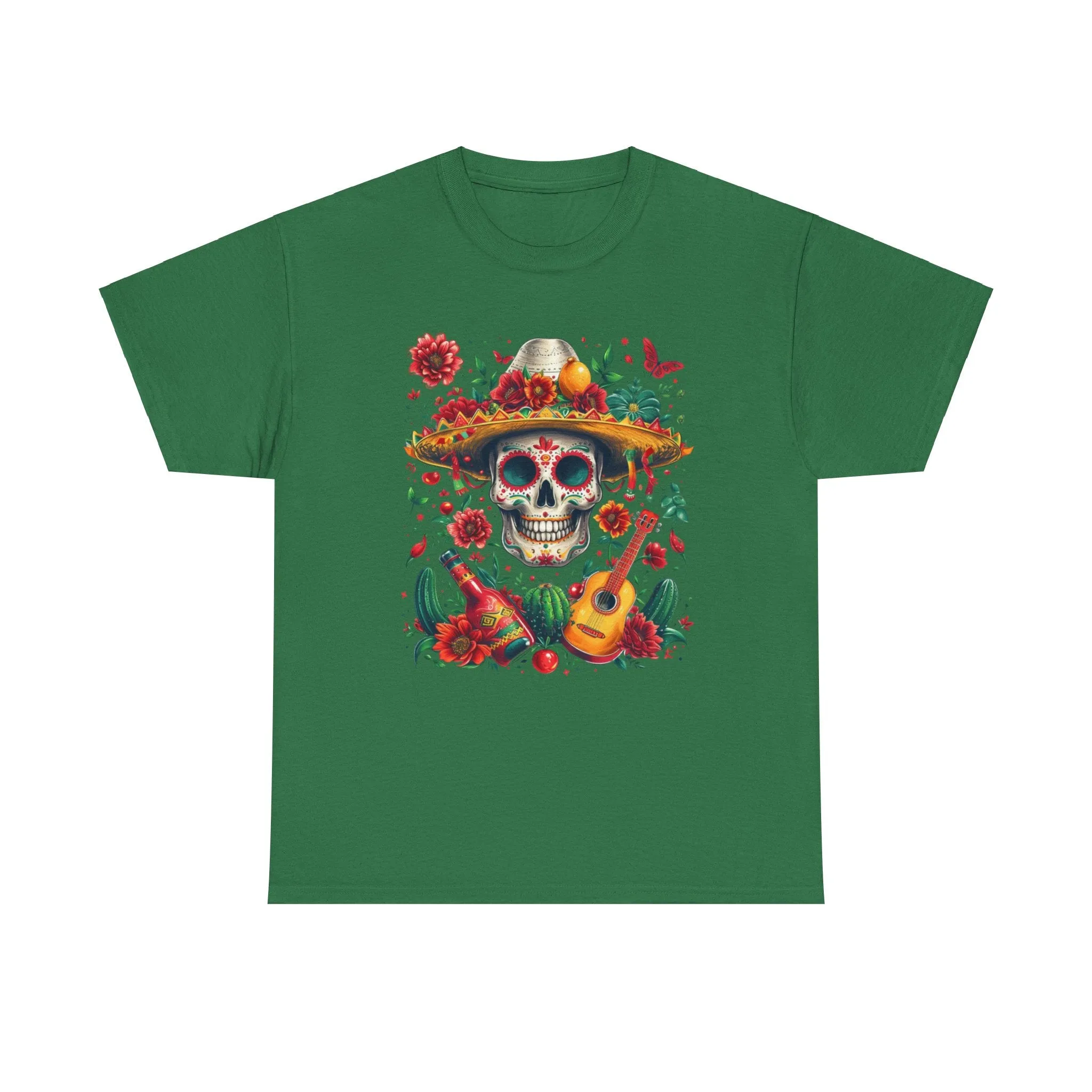 Celebrate Dia de los Muertos in Style with this Vibrant Skull and Sombrero Tee - Unique Statement Shirt