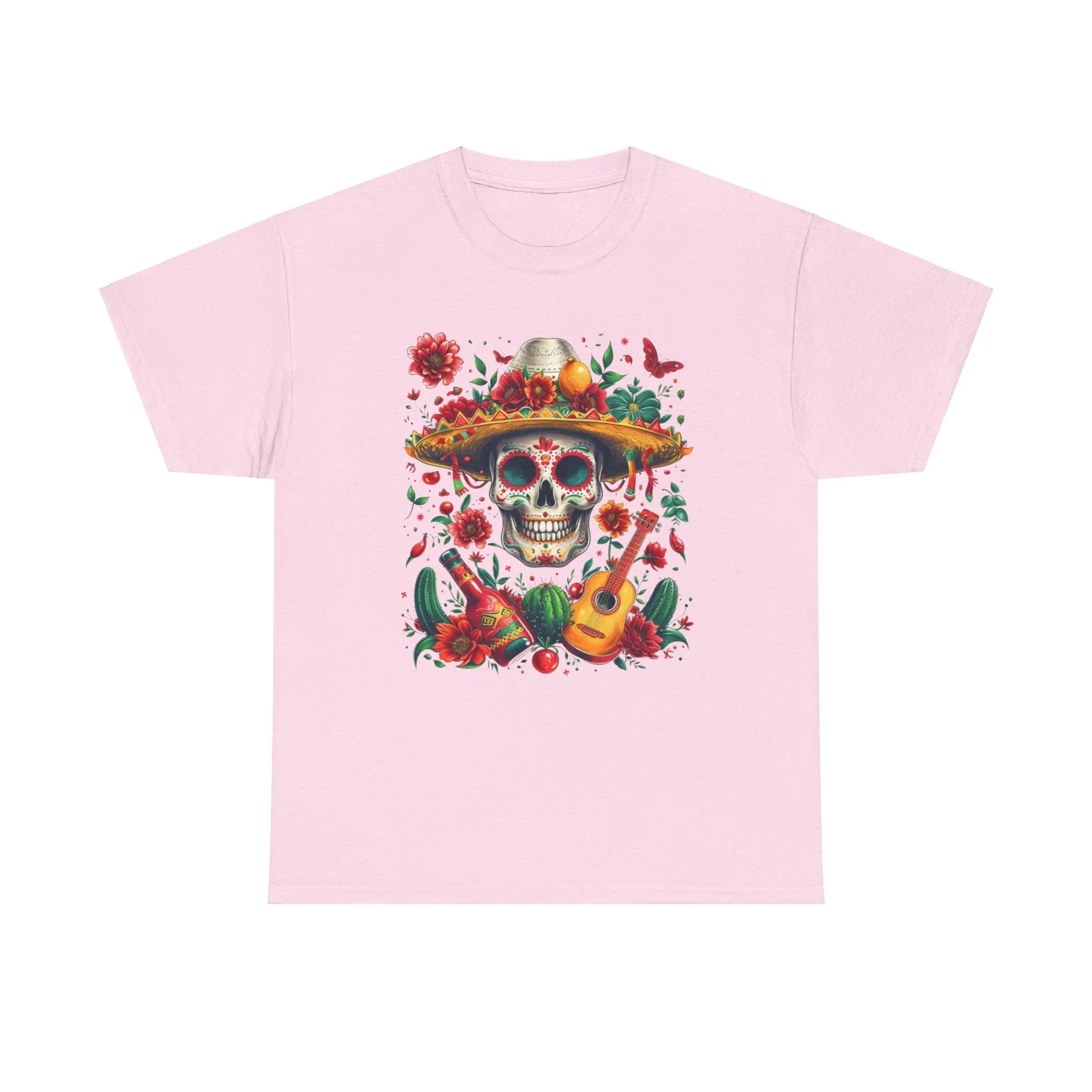 Celebrate Dia de los Muertos in Style with this Vibrant Skull and Sombrero Tee - Unique Statement Shirt