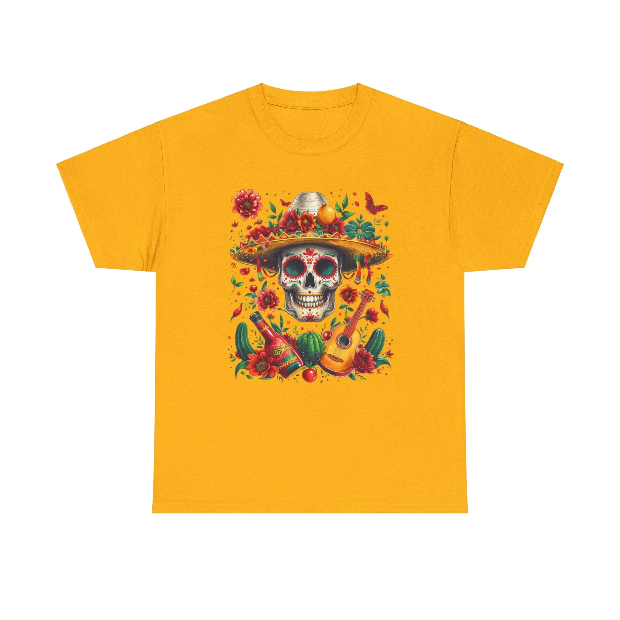 Celebrate Dia de los Muertos in Style with this Vibrant Skull and Sombrero Tee - Unique Statement Shirt