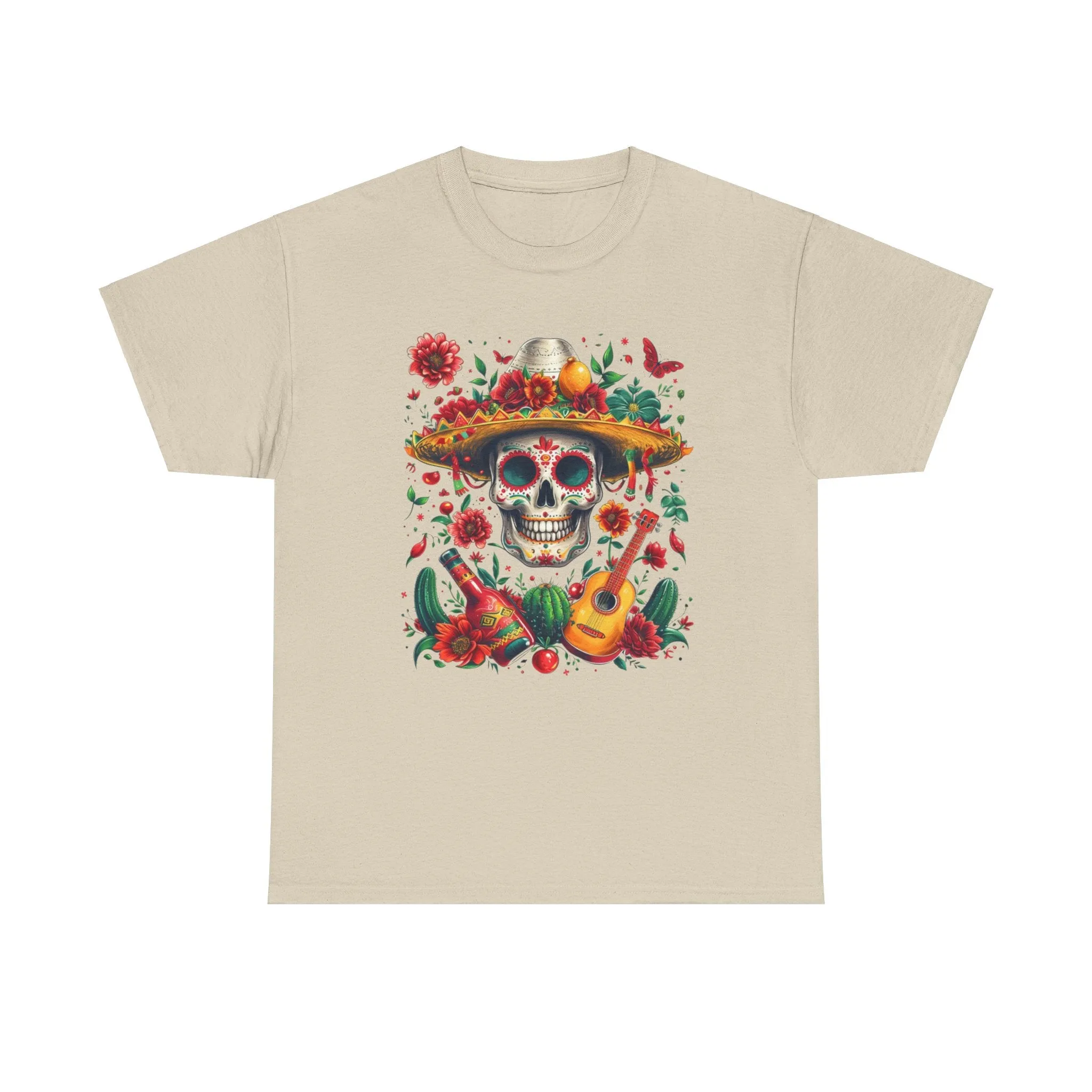 Celebrate Dia de los Muertos in Style with this Vibrant Skull and Sombrero Tee - Unique Statement Shirt