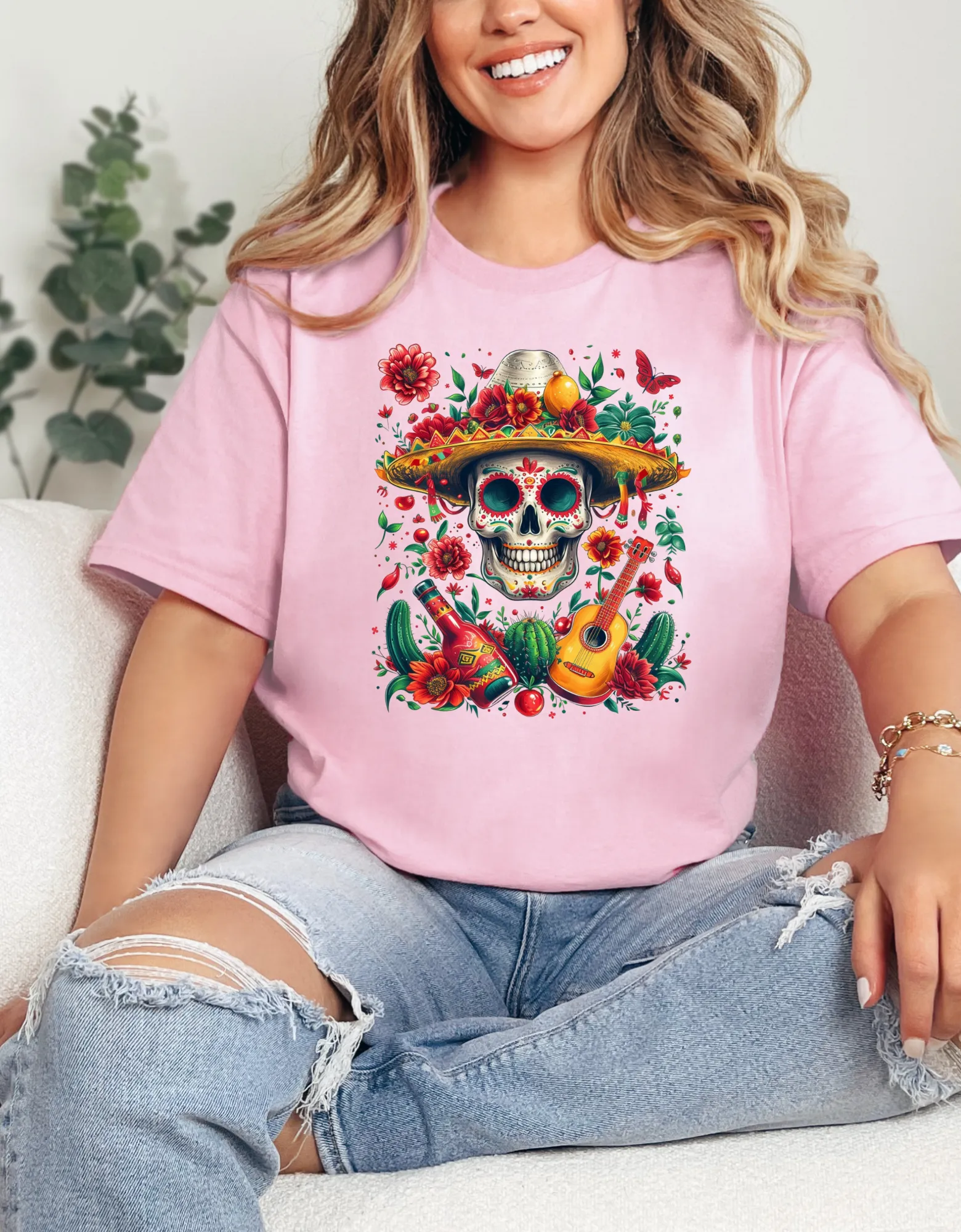 Celebrate Dia de los Muertos in Style with this Vibrant Skull and Sombrero Tee - Unique Statement Shirt