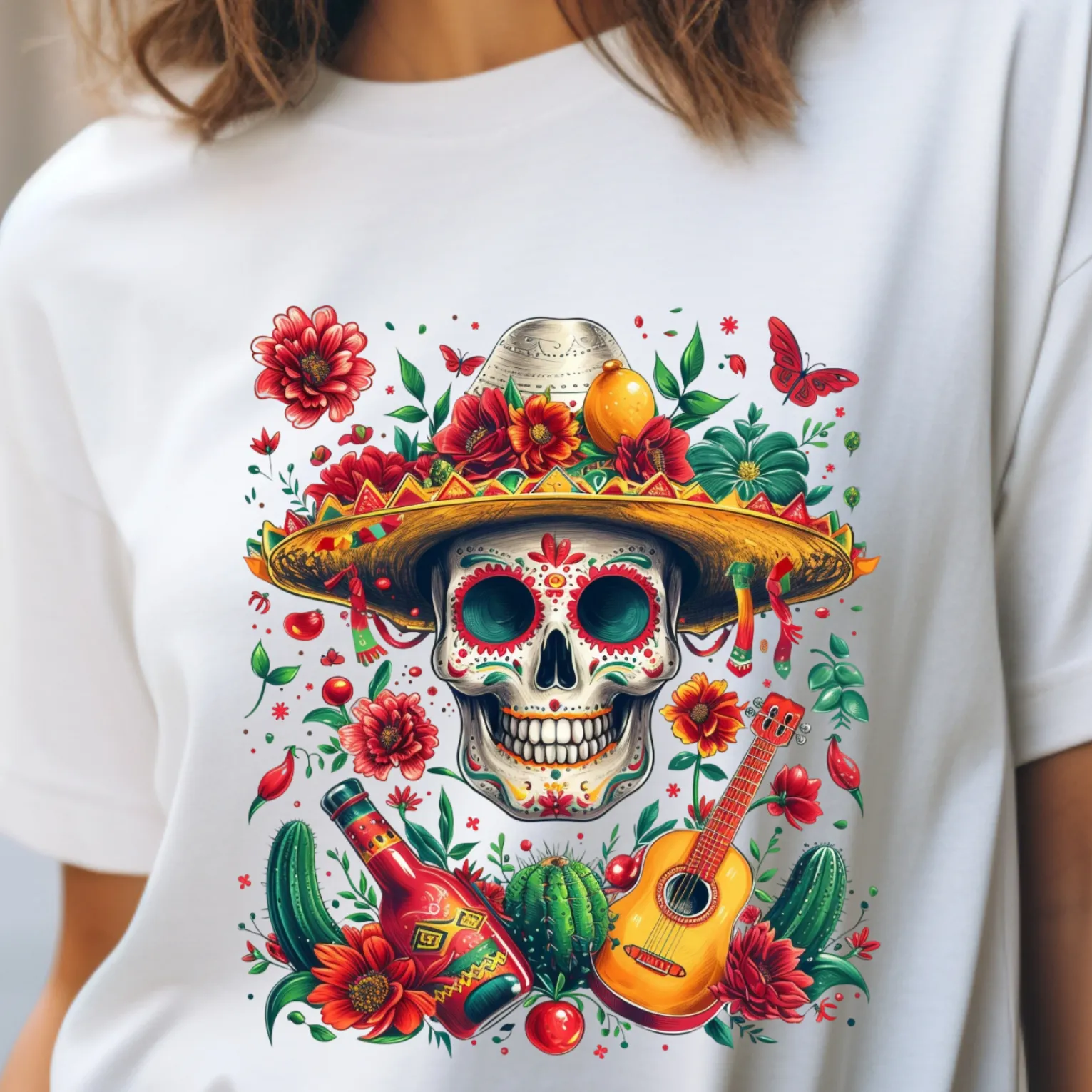 Celebrate Dia de los Muertos in Style with this Vibrant Skull and Sombrero Tee - Unique Statement Shirt