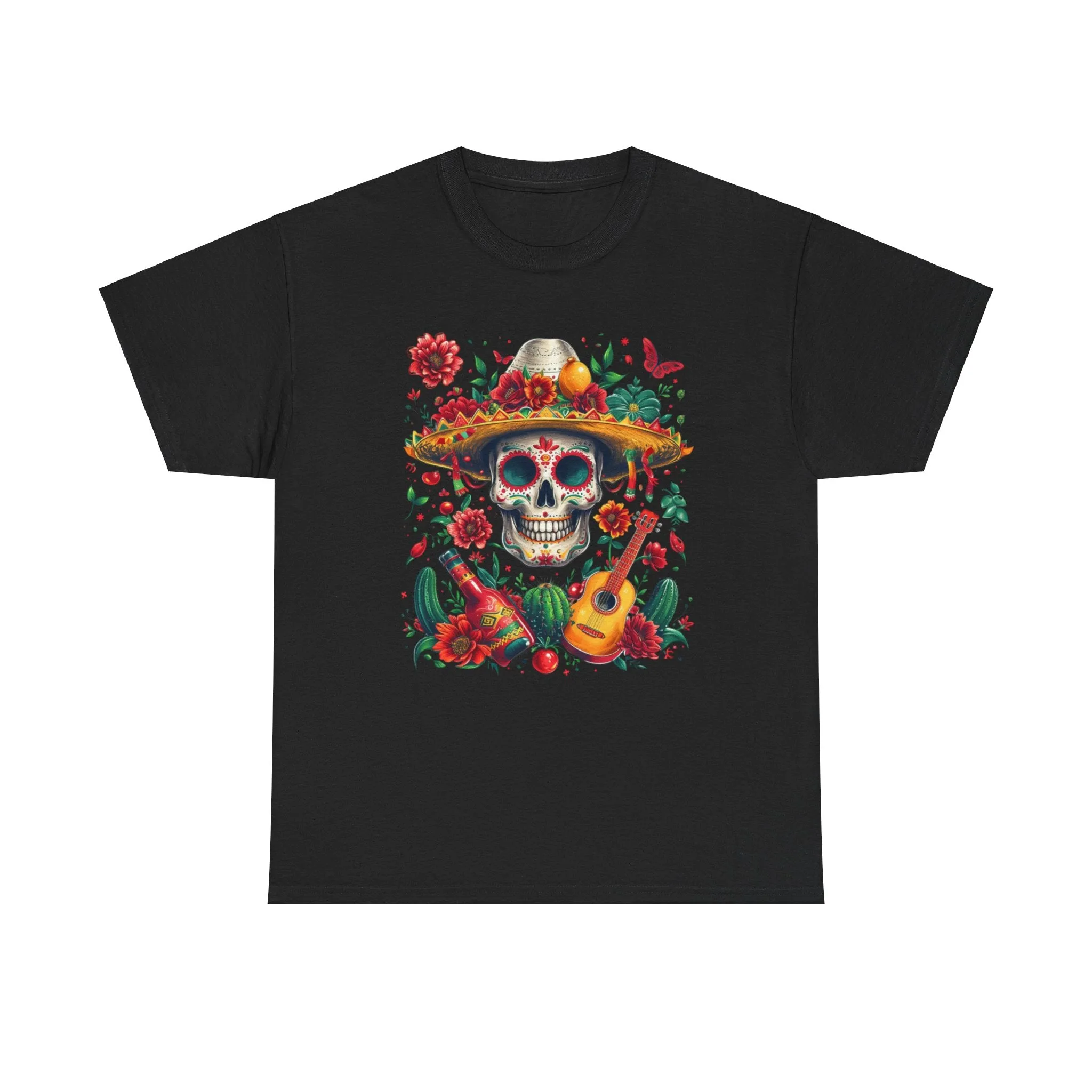 Celebrate Dia de los Muertos in Style with this Vibrant Skull and Sombrero Tee - Unique Statement Shirt