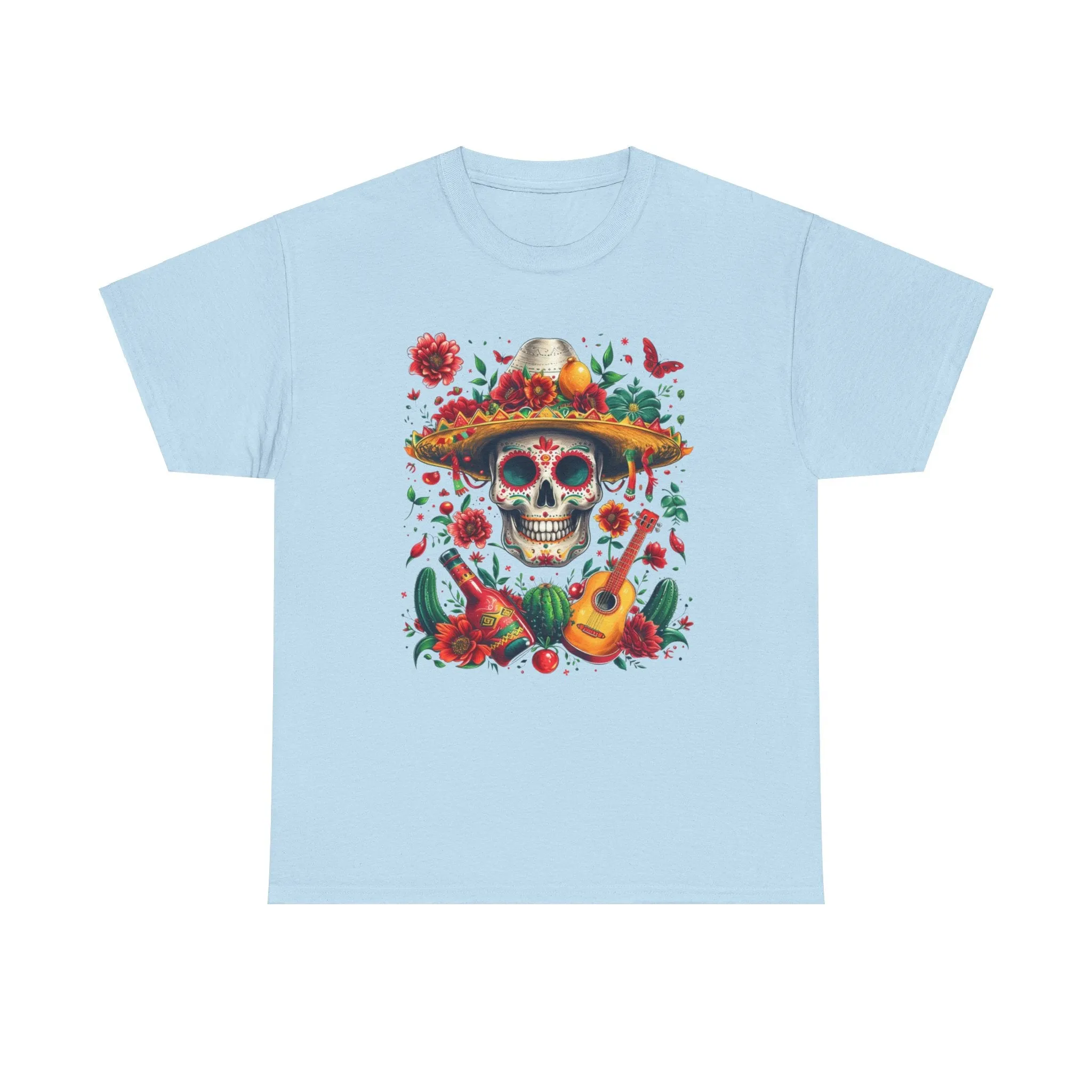 Celebrate Dia de los Muertos in Style with this Vibrant Skull and Sombrero Tee - Unique Statement Shirt