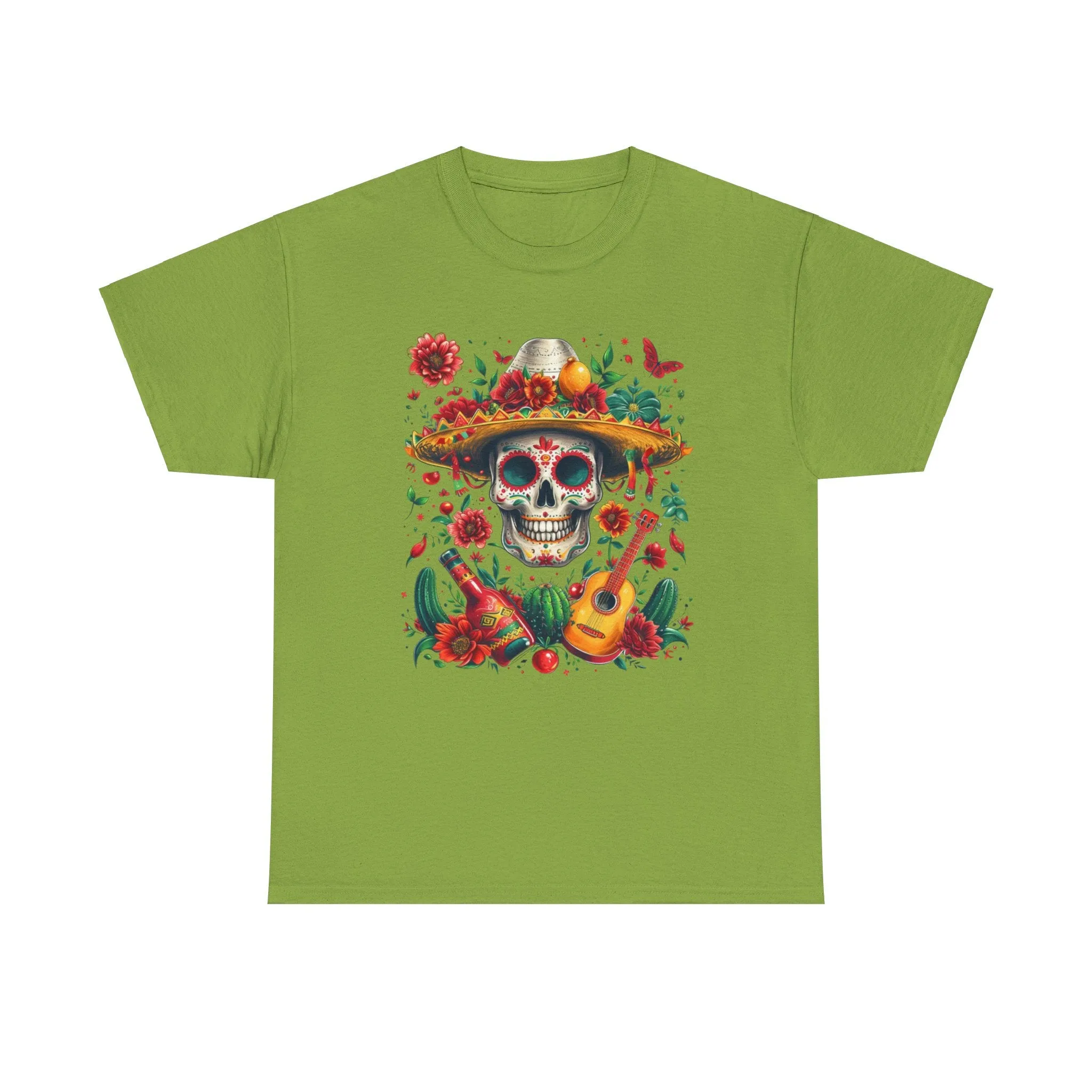 Celebrate Dia de los Muertos in Style with this Vibrant Skull and Sombrero Tee - Unique Statement Shirt