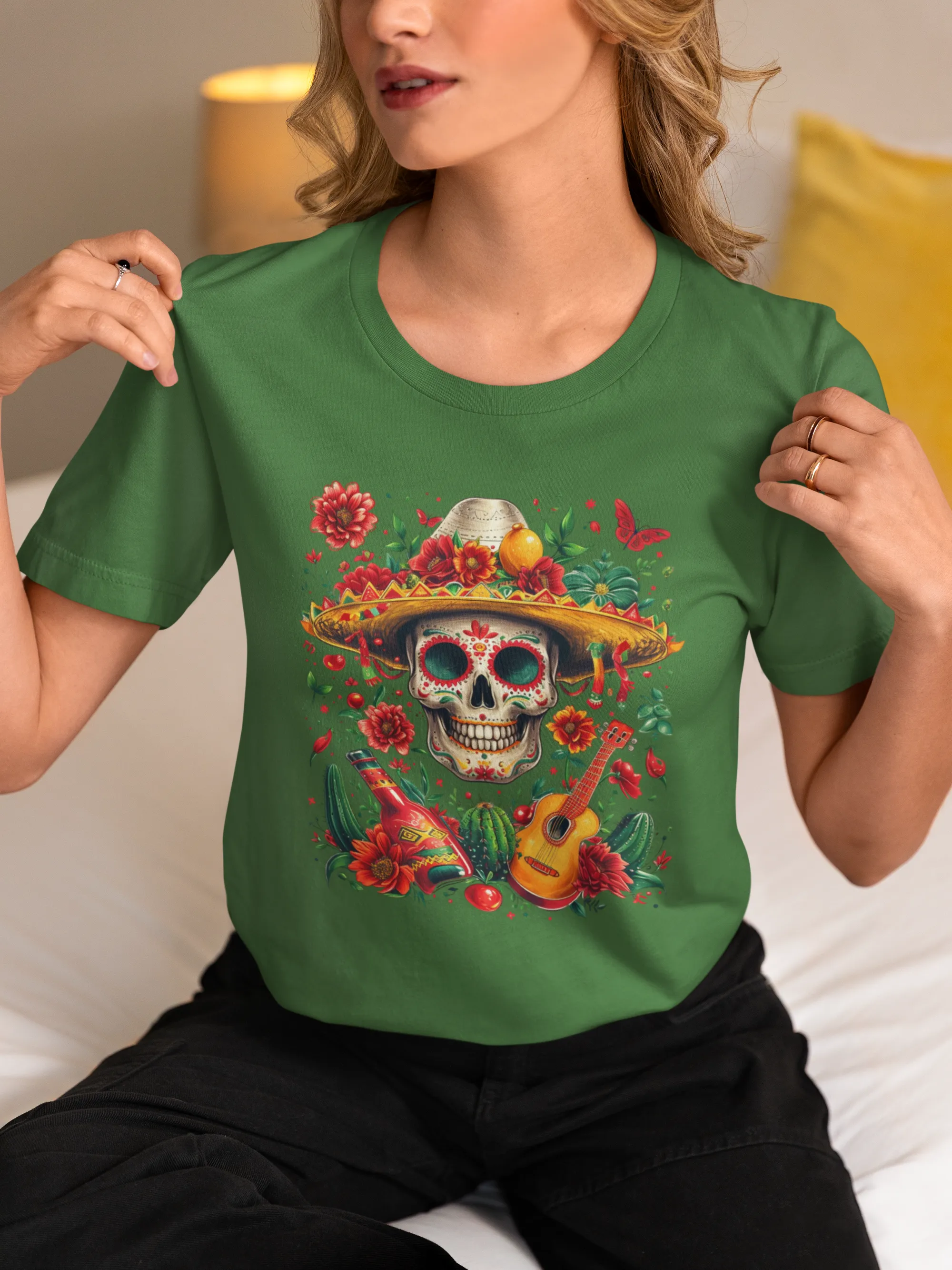 Celebrate Dia de los Muertos in Style with this Vibrant Skull and Sombrero Tee - Unique Statement Shirt