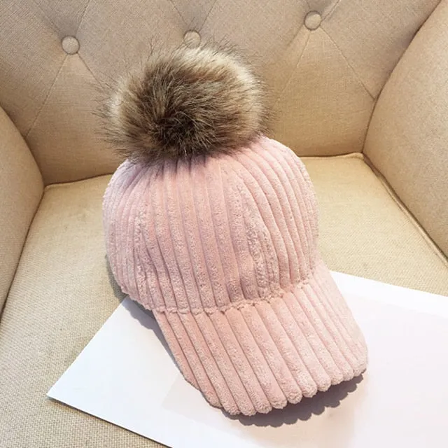 Corduroy Hair Ball Women Hat Cap Adjustable Baseball Caps Female Hat