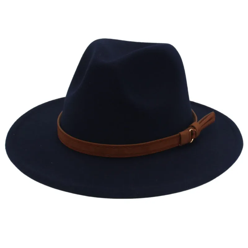 Cross-Border New Arrival Big Brim Brown Belt British Retro Felt Cap Autumn and Winter Western Denim Woolen Tibetan Hat Fedora Hat