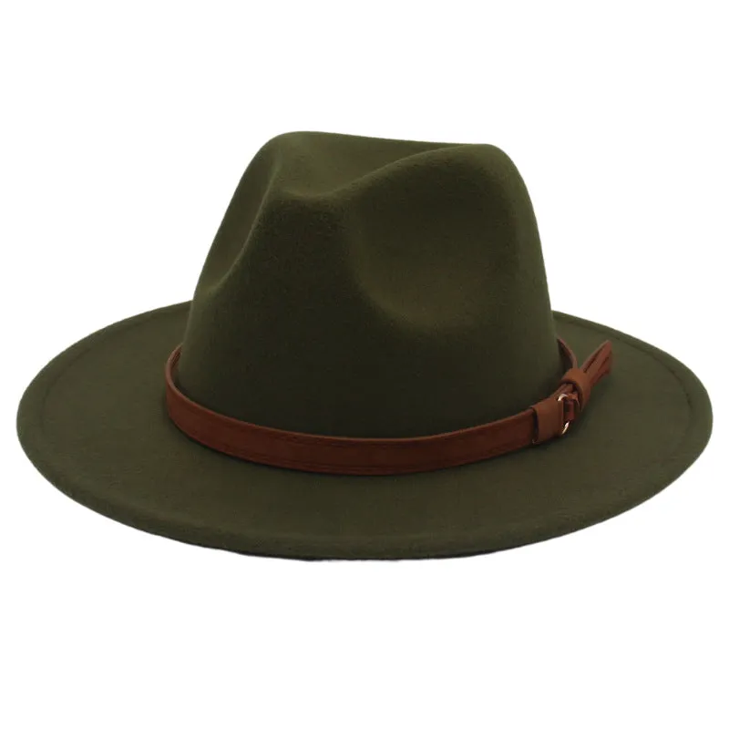 Cross-Border New Arrival Big Brim Brown Belt British Retro Felt Cap Autumn and Winter Western Denim Woolen Tibetan Hat Fedora Hat