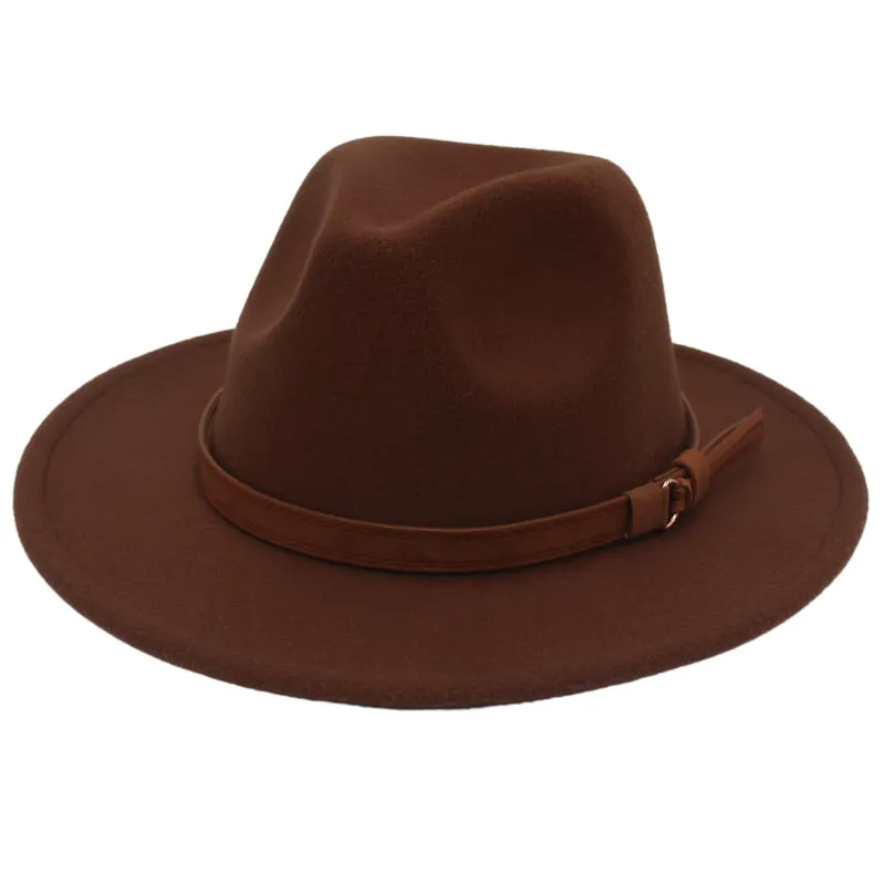 Cross-Border New Arrival Big Brim Brown Belt British Retro Felt Cap Autumn and Winter Western Denim Woolen Tibetan Hat Fedora Hat