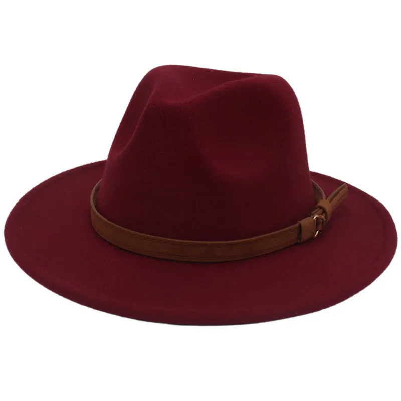 Cross-Border New Arrival Big Brim Brown Belt British Retro Felt Cap Autumn and Winter Western Denim Woolen Tibetan Hat Fedora Hat