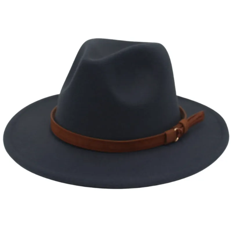 Cross-Border New Arrival Big Brim Brown Belt British Retro Felt Cap Autumn and Winter Western Denim Woolen Tibetan Hat Fedora Hat