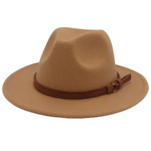 Cross-Border New Arrival Big Brim Brown Belt British Retro Felt Cap Autumn and Winter Western Denim Woolen Tibetan Hat Fedora Hat