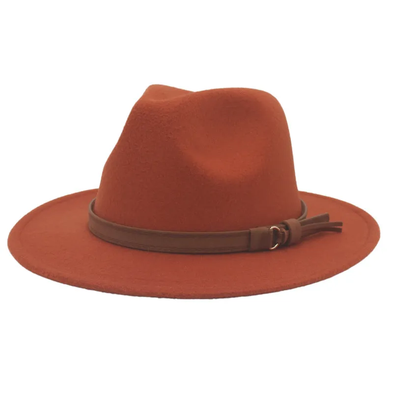 Cross-Border New Arrival Big Brim Brown Belt British Retro Felt Cap Autumn and Winter Western Denim Woolen Tibetan Hat Fedora Hat