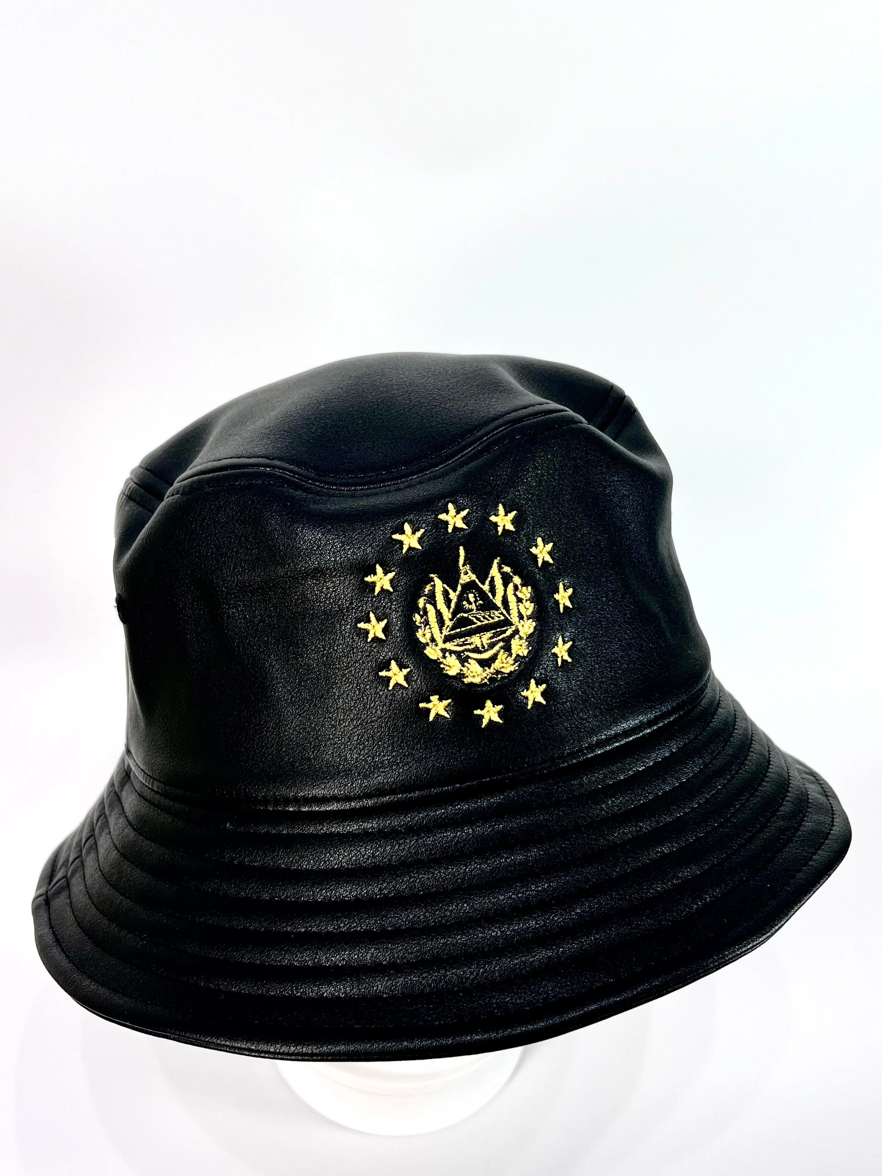 El Salvador Embroidered Shield Black Leather Bucket Hat - Unisex