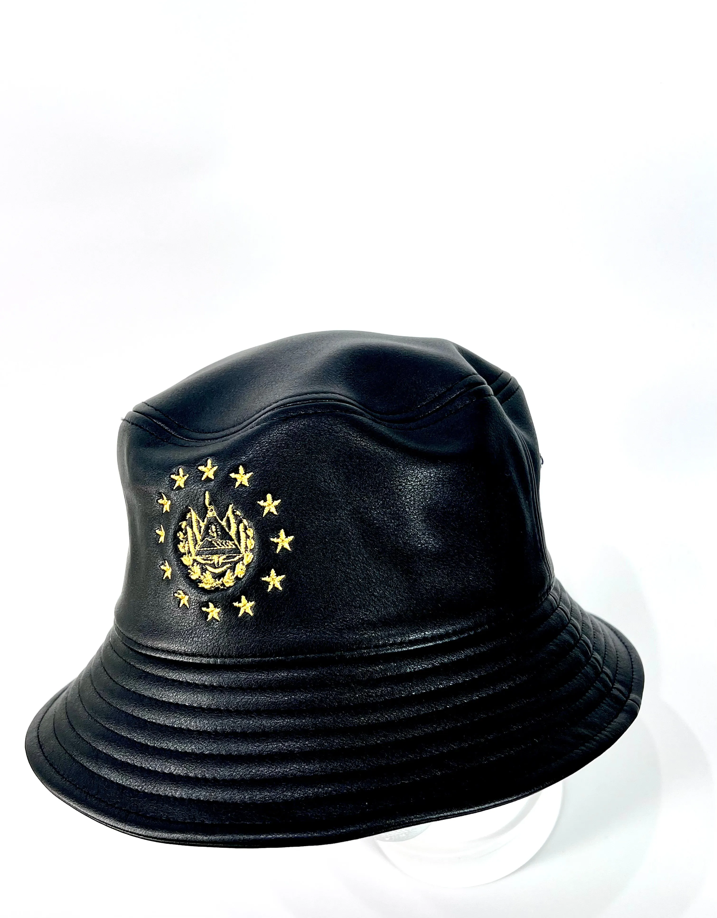 El Salvador Embroidered Shield Black Leather Bucket Hat - Unisex