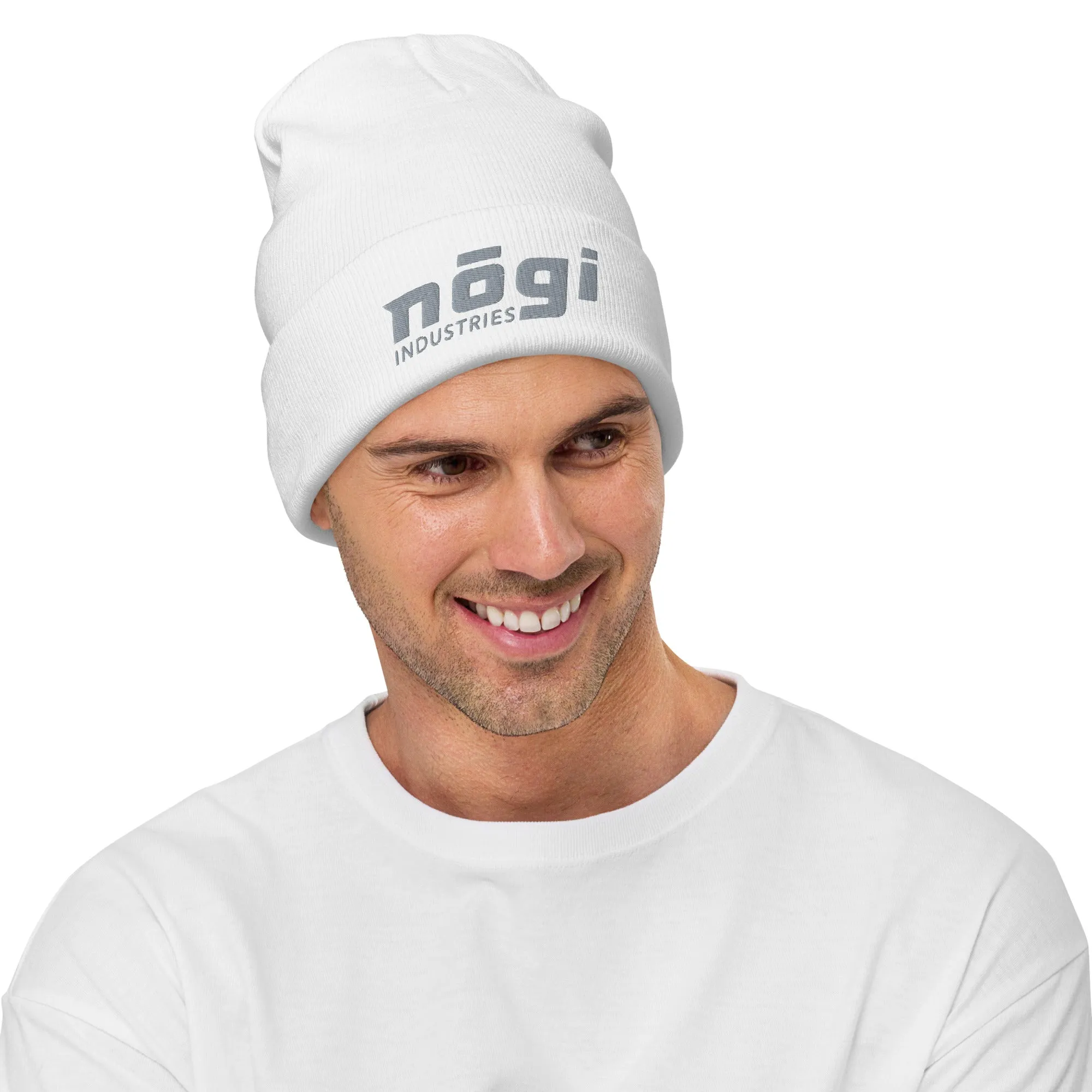 Embroidered Beanie w Puff logo (White & Gray)