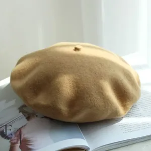 French Beret Hat, 100% Wool, Camel