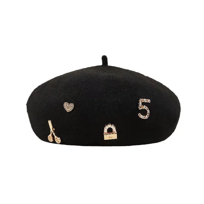 French Beret Hat With Golden Pins