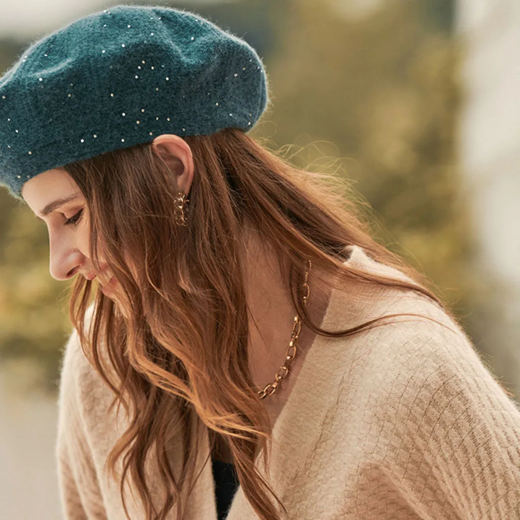 French Style Sparkled Sequin Trim Warm Textured Knit Beret