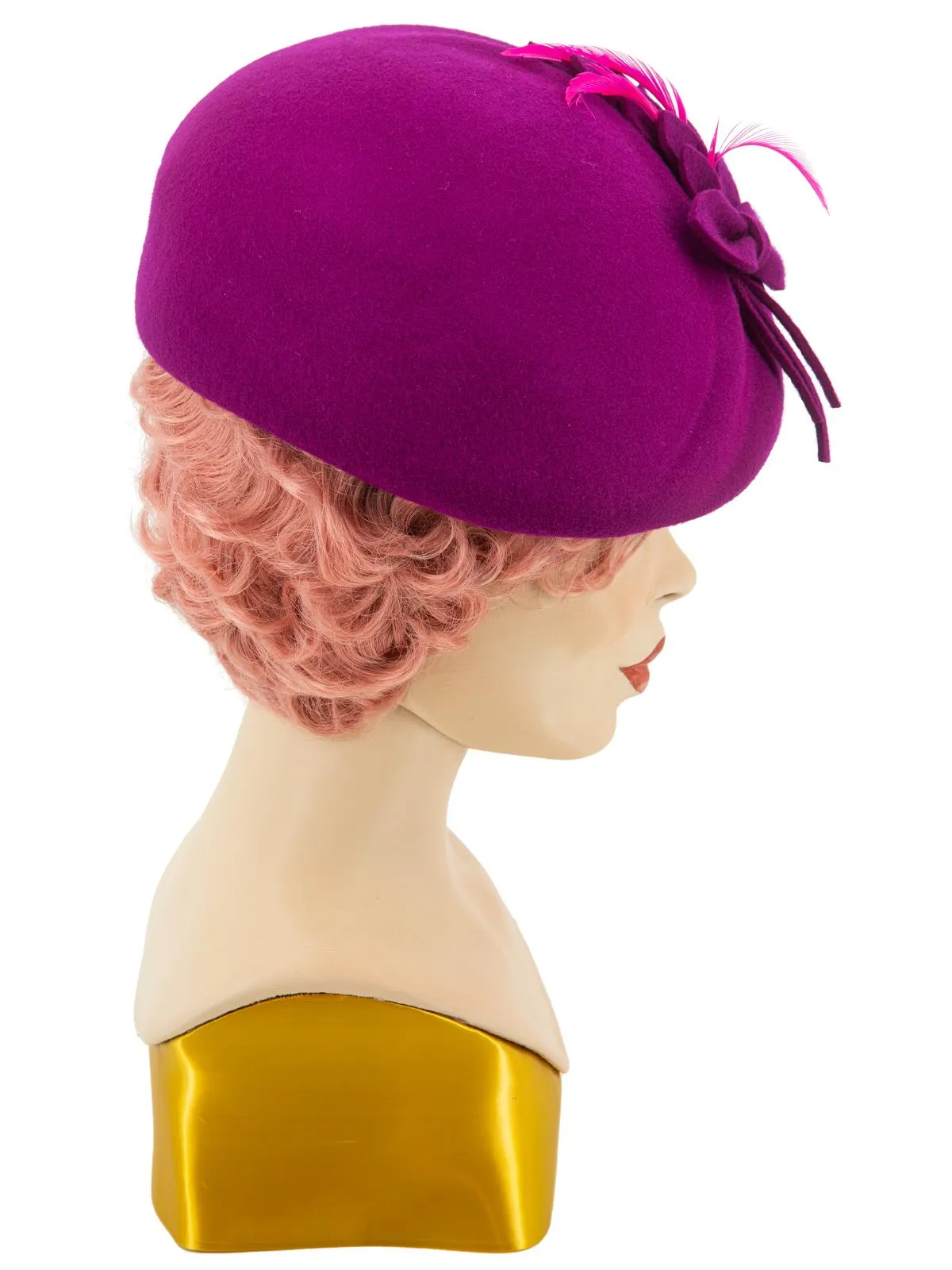 Fuchsia Pink Vintage Style Felt Petal & Feather Hat