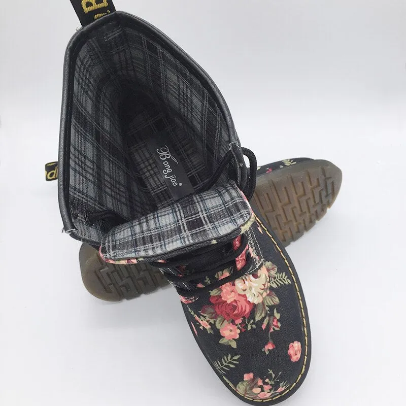 Funki Buys | Boots | Women's Canvas Flower Print Ankle Boots