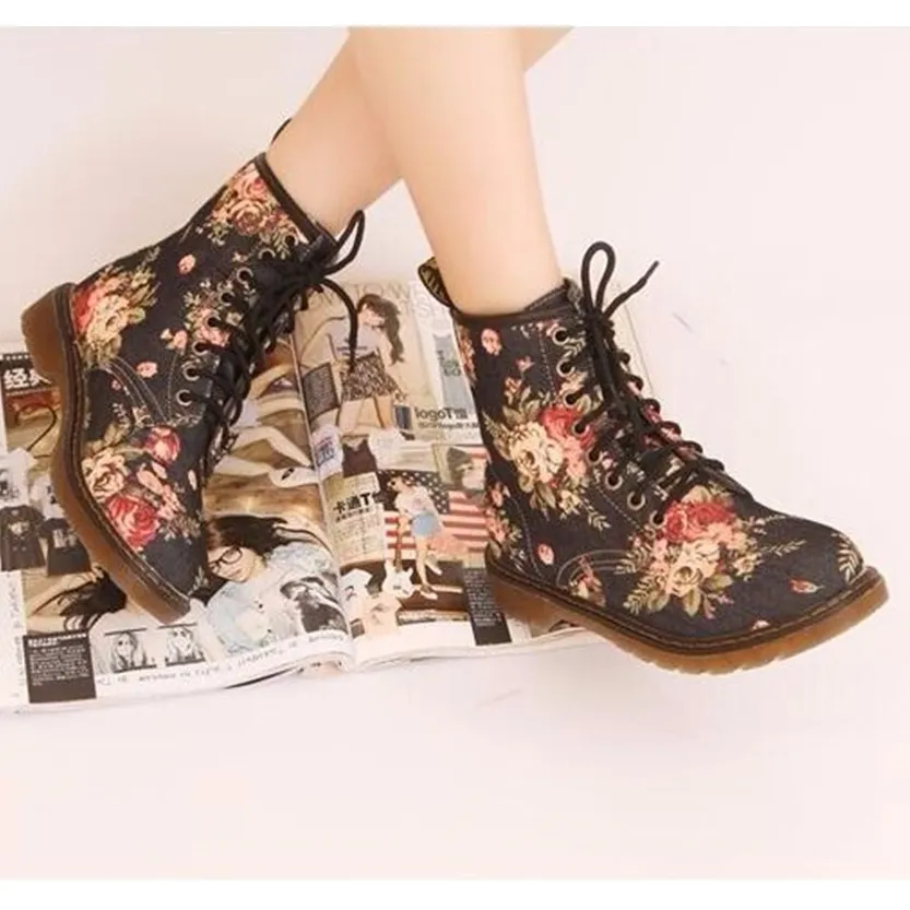 Funki Buys | Boots | Women's Canvas Flower Print Ankle Boots