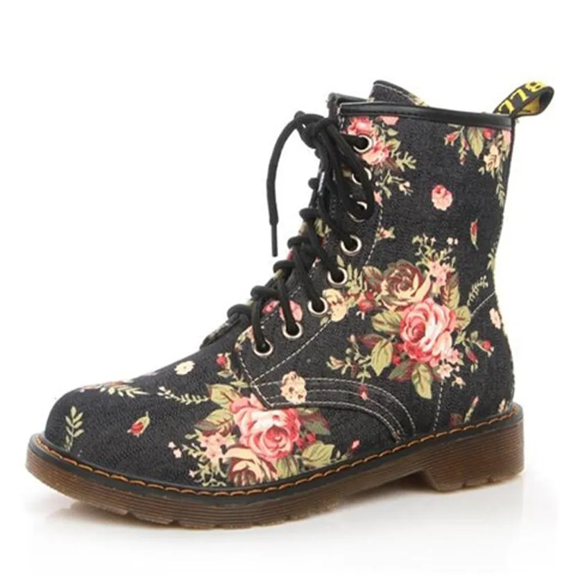 Funki Buys | Boots | Women's Canvas Flower Print Ankle Boots