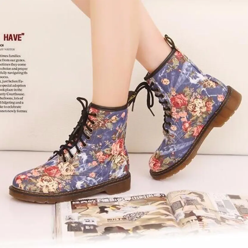 Funki Buys | Boots | Women's Canvas Flower Print Ankle Boots