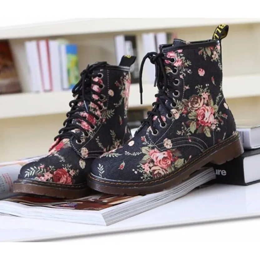 Funki Buys | Boots | Women's Canvas Flower Print Ankle Boots