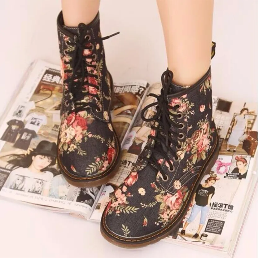 Funki Buys | Boots | Women's Canvas Flower Print Ankle Boots