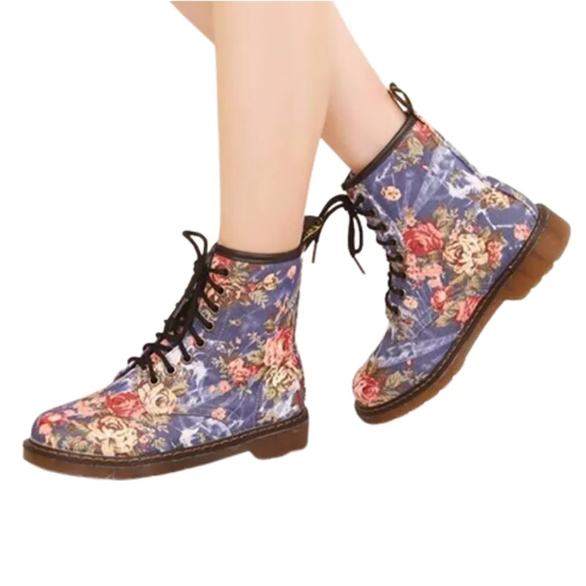 Funki Buys | Boots | Women's Canvas Flower Print Ankle Boots