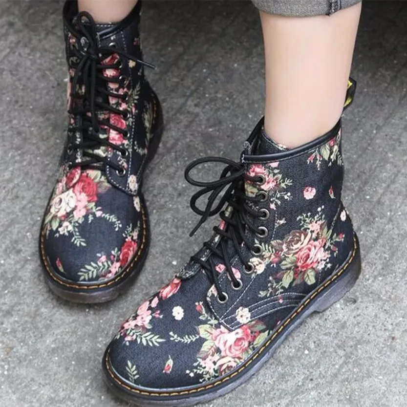 Funki Buys | Boots | Women's Canvas Flower Print Ankle Boots