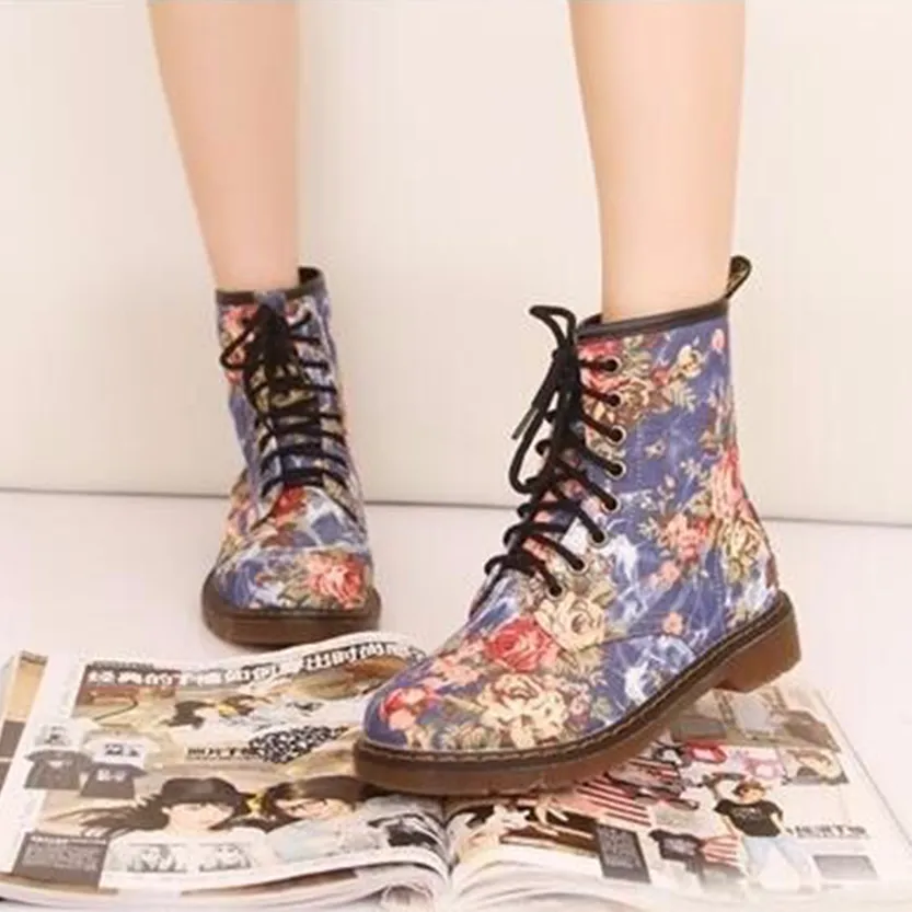 Funki Buys | Boots | Women's Canvas Flower Print Ankle Boots