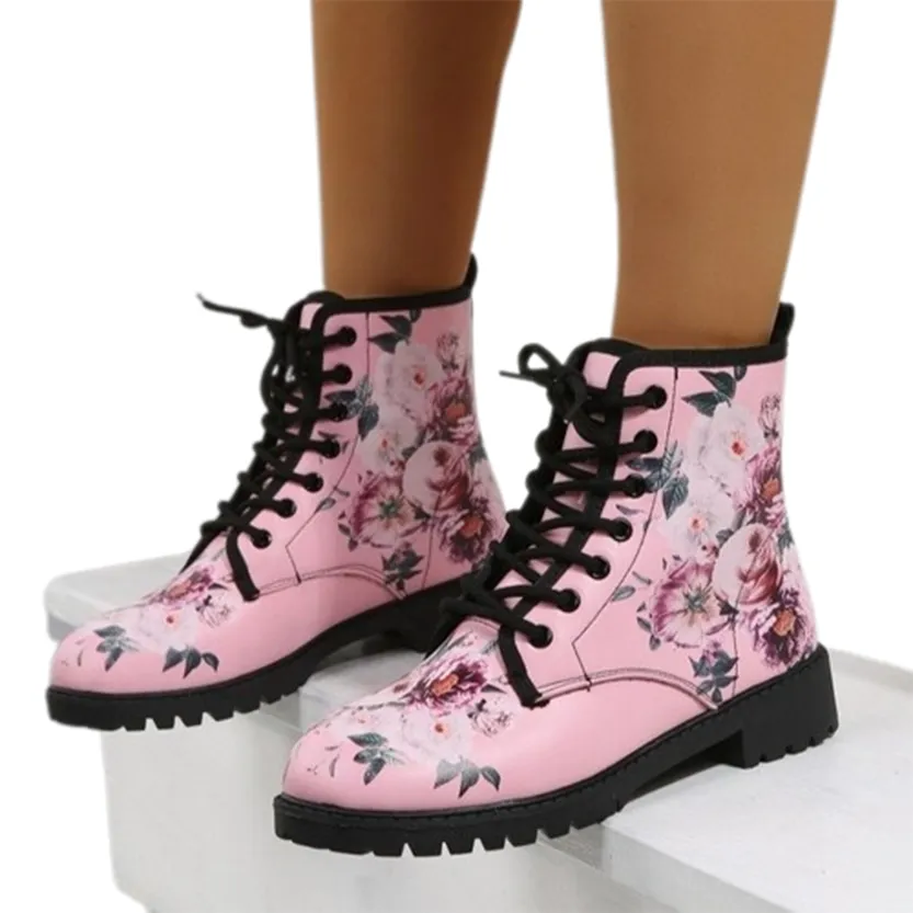 Funki Buys | Boots | Women's Floral Rose Print Flat Ankle Boots