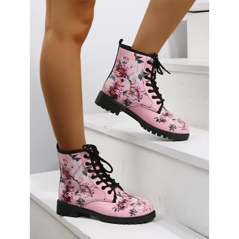 Funki Buys | Boots | Women's Floral Rose Print Flat Ankle Boots