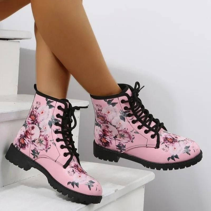 Funki Buys | Boots | Women's Floral Rose Print Flat Ankle Boots