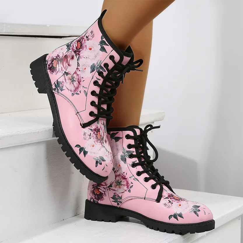 Funki Buys | Boots | Women's Floral Rose Print Flat Ankle Boots