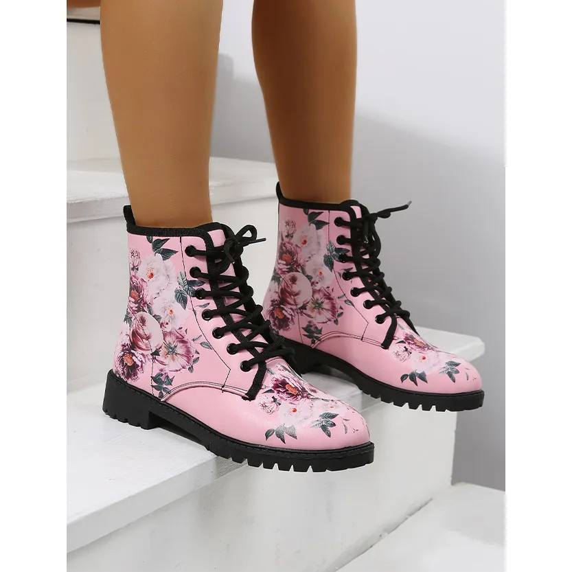 Funki Buys | Boots | Women's Floral Rose Print Flat Ankle Boots