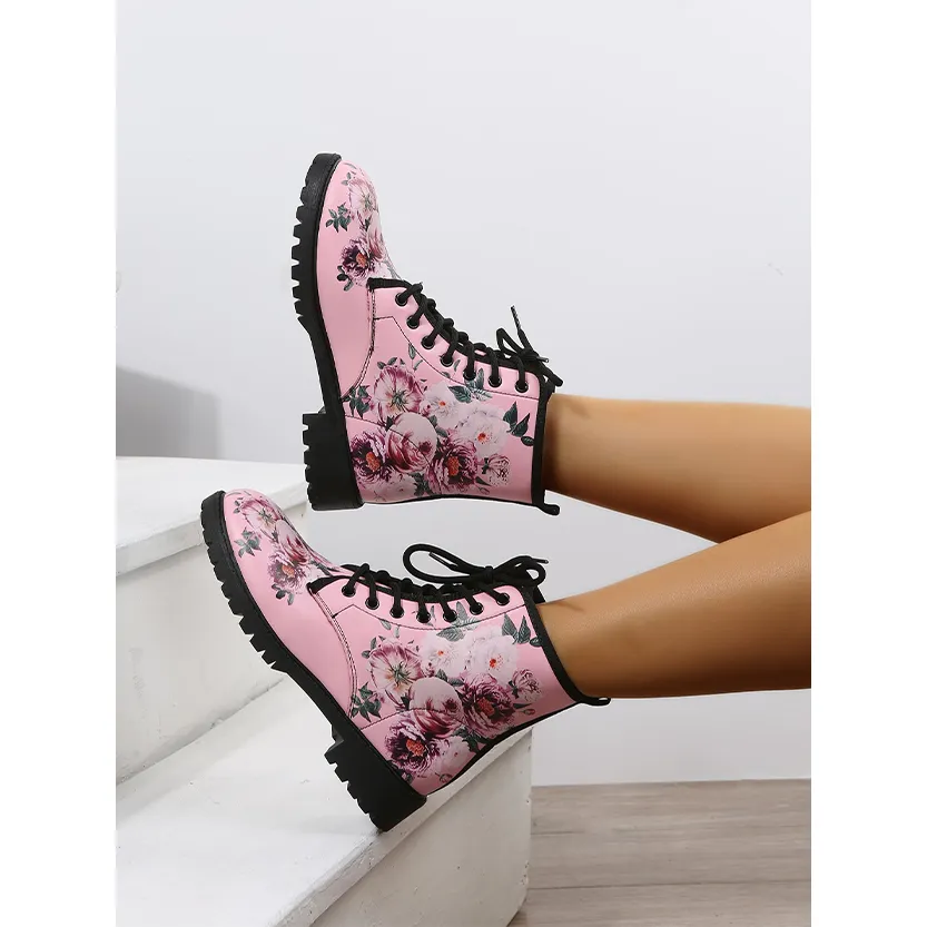 Funki Buys | Boots | Women's Floral Rose Print Flat Ankle Boots