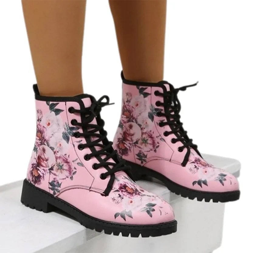 Funki Buys | Boots | Women's Floral Rose Print Flat Ankle Boots