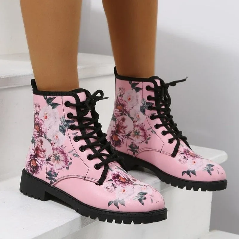 Funki Buys | Boots | Women's Floral Rose Print Flat Ankle Boots