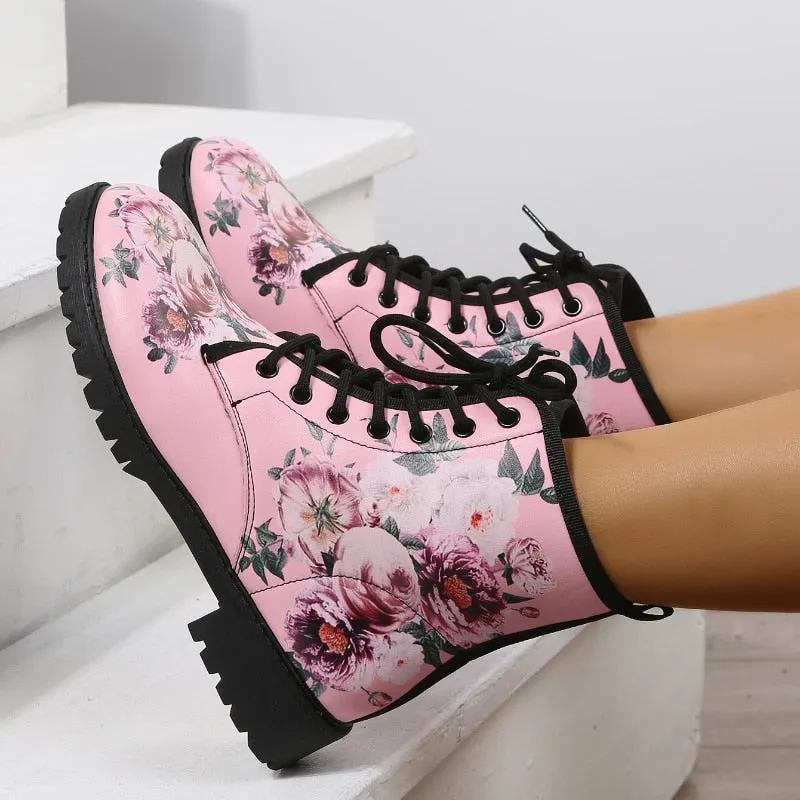 Funki Buys | Boots | Women's Floral Rose Print Flat Ankle Boots