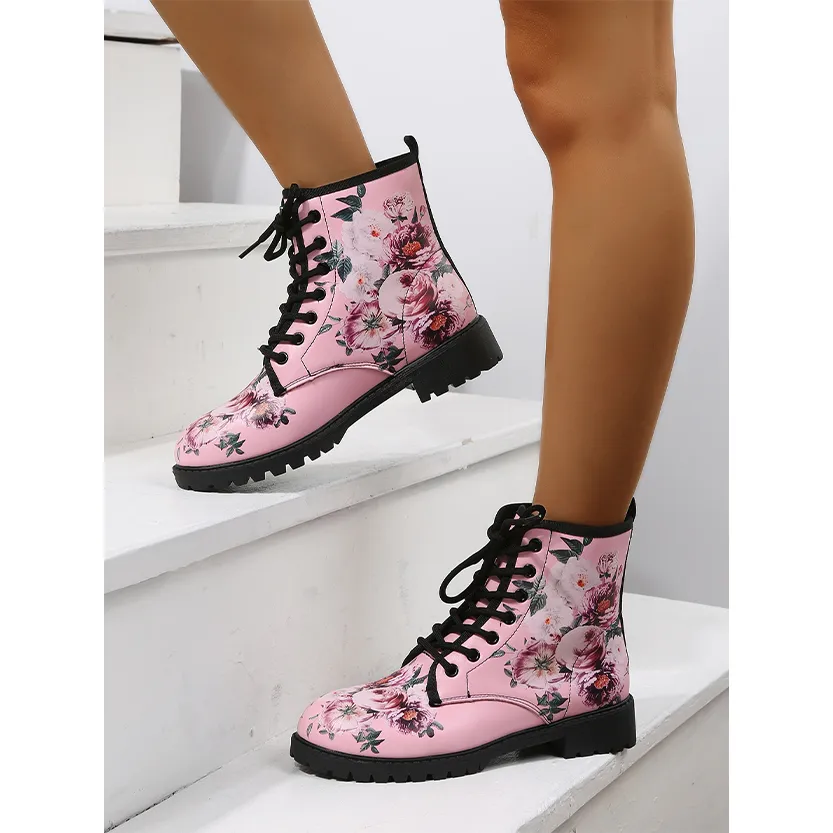 Funki Buys | Boots | Women's Floral Rose Print Flat Ankle Boots